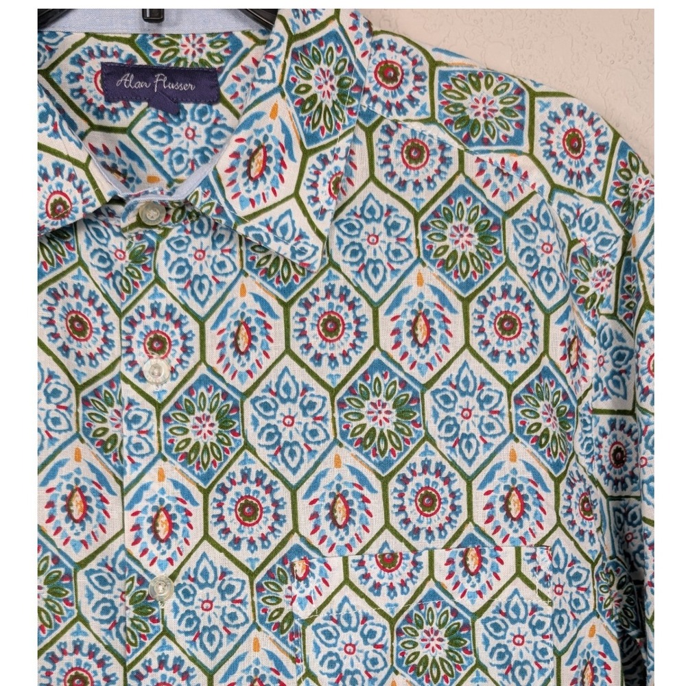 Alan Flusser Button Down Shirt Mens L Blue Green Geometric Linen Cotton Blend SS